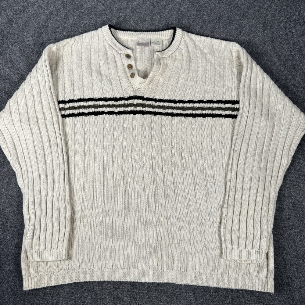 Vintage Fieldmaster Men's Henley Sweater Cream Ribbed Knit Chest Stripe Large